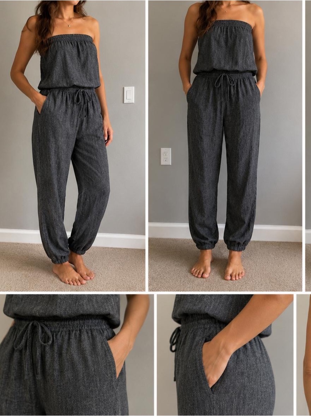 Soho Dark Charcoal Strapless Drawstring Jumpsuit
